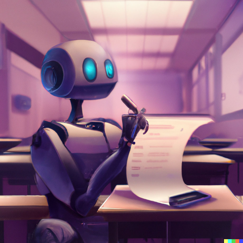 DALL·E prompt: robot in classroom writing a test, digital art, synthwave